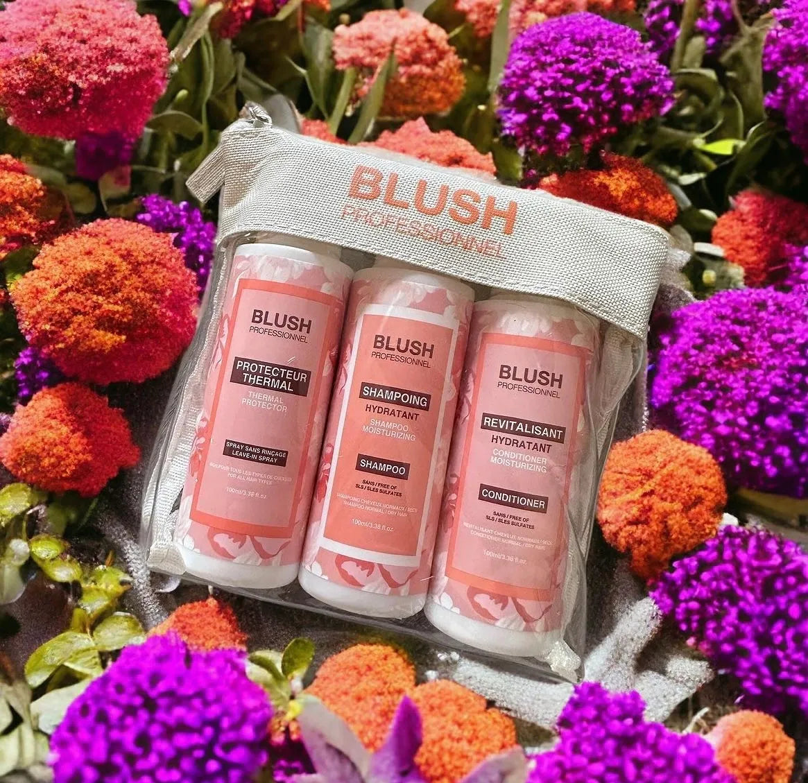 Ensemble Voyage Blush Professionnel - Shampooing, Revitalisant Et Protecteur Thermal