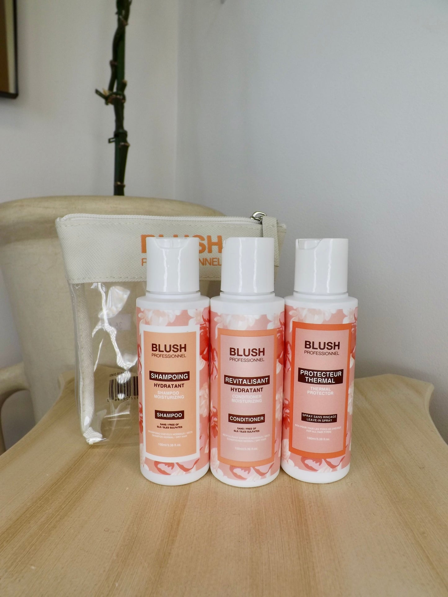 Ensemble Voyage Blush Professionnel - Shampooing, Revitalisant Et Protecteur Thermal